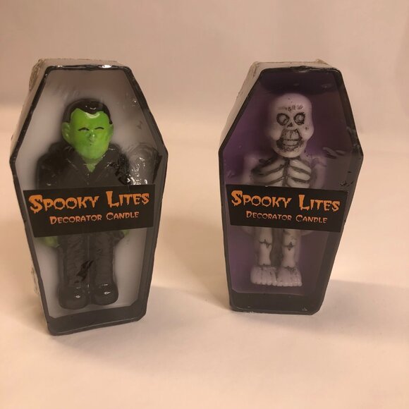 Halloween Spooky Lites Coffin‎ Candles Skeleton & Frankenstein 5" NEW and Sealed - Picture 1 of 13